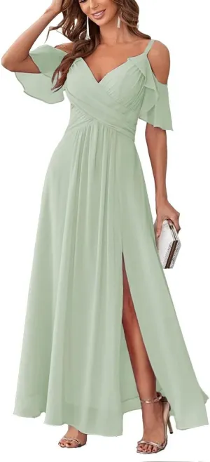 Long Chiffon Cold Shoulder Bridesmaid Dresses for Women 2024 Wedding Guest Dress Prom Formal Evening Ball Gown RYZ95