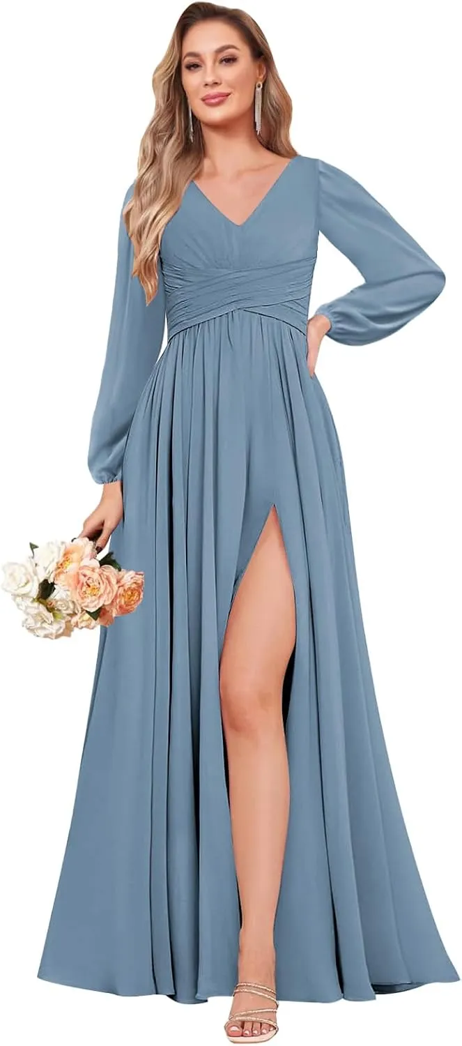 Long Sleeve Bridesmaid Dresses for Wedding A-Line Chiffon Formal Evening Gown with Slit