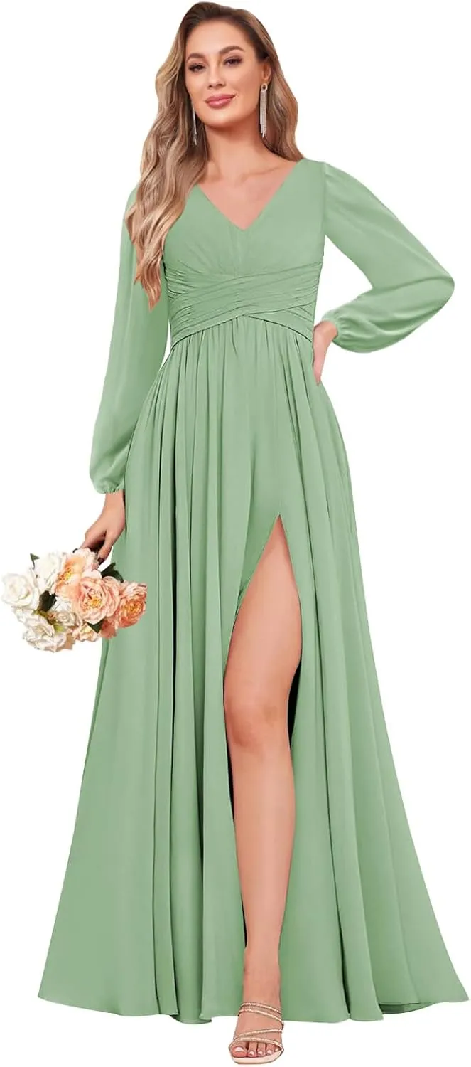 Long Sleeve Bridesmaid Dresses for Wedding A-Line Chiffon Formal Evening Gown with Slit