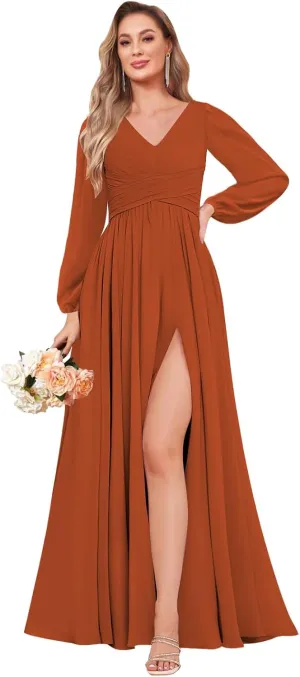 Long Sleeve Bridesmaid Dresses for Wedding A-Line Chiffon Formal Evening Gown with Slit