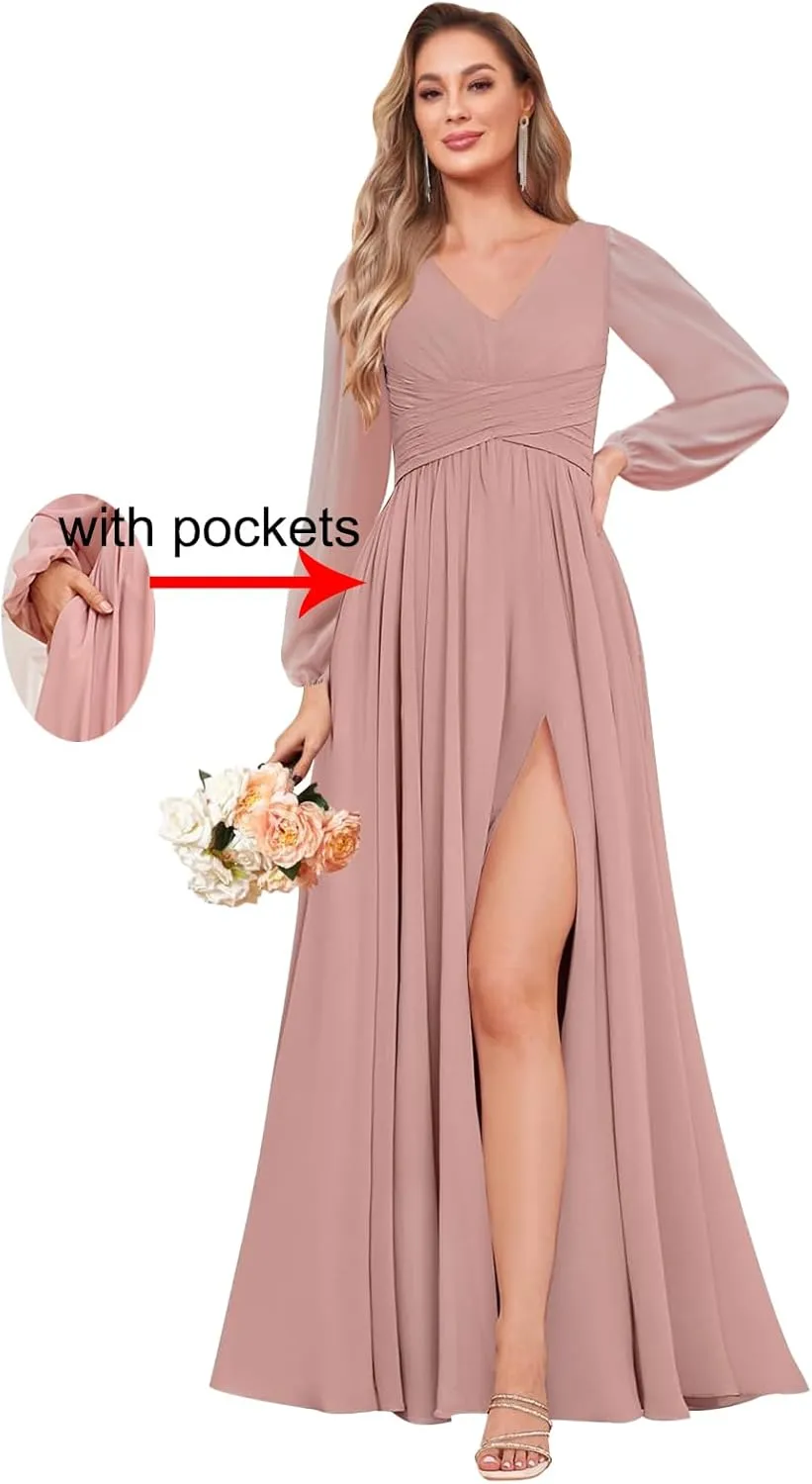 Long Sleeve Bridesmaid Dresses for Wedding A-Line Chiffon Formal Evening Gown with Slit