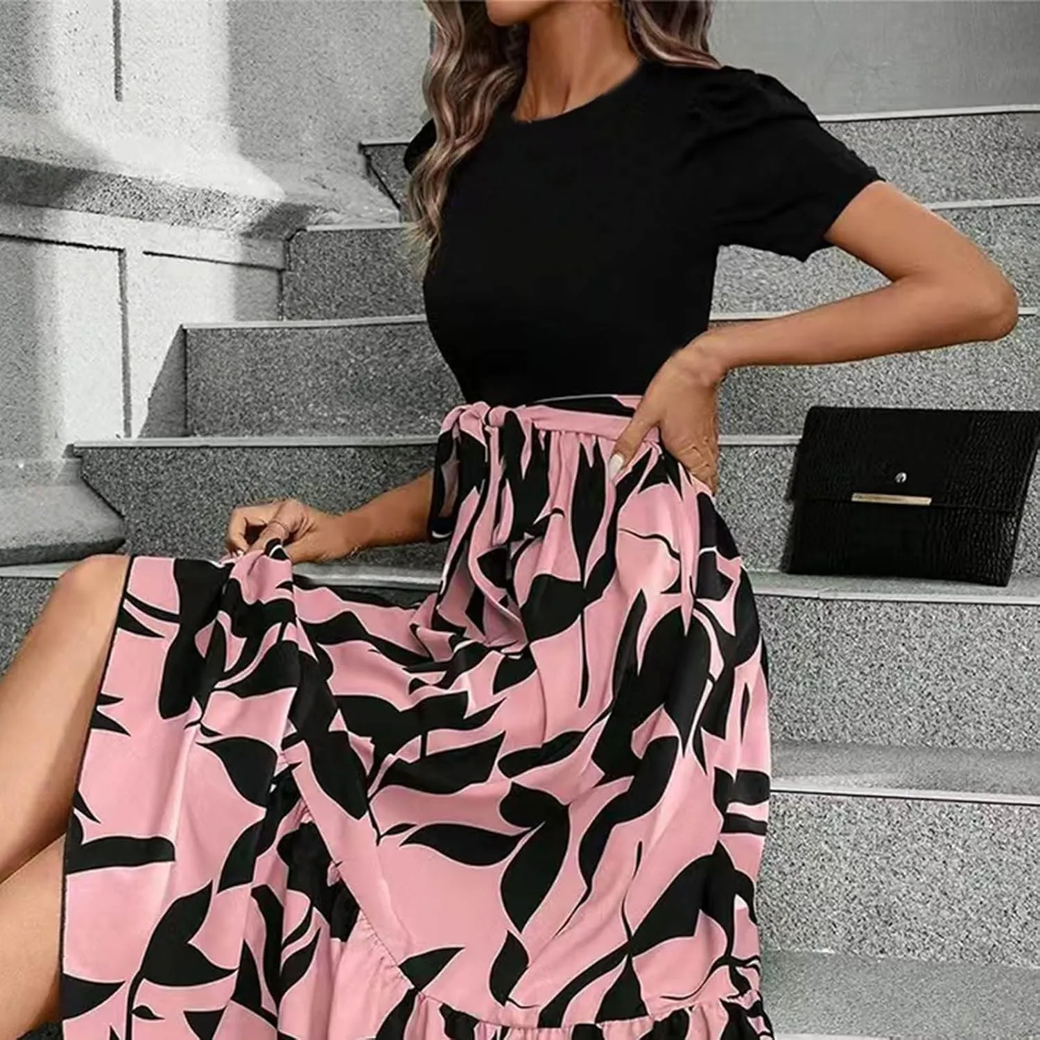 Long Summer Dresses for Women 2025 Cute Puff Sleeve Spring Floral Dresses Patchwork a Line Boho Maxi Dress with Belt