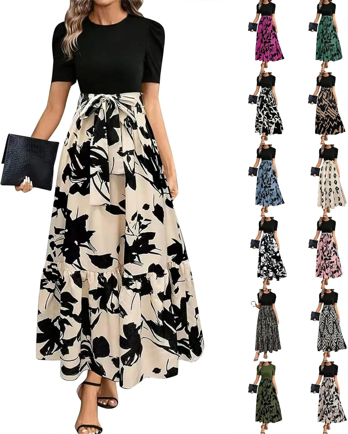 Long Summer Dresses for Women 2025 Cute Puff Sleeve Spring Floral Dresses Patchwork a Line Boho Maxi Dress with Belt