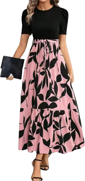 Long Summer Dresses for Women 2025 Cute Puff Sleeve Spring Floral Dresses Patchwork a Line Boho Maxi Dress with Belt