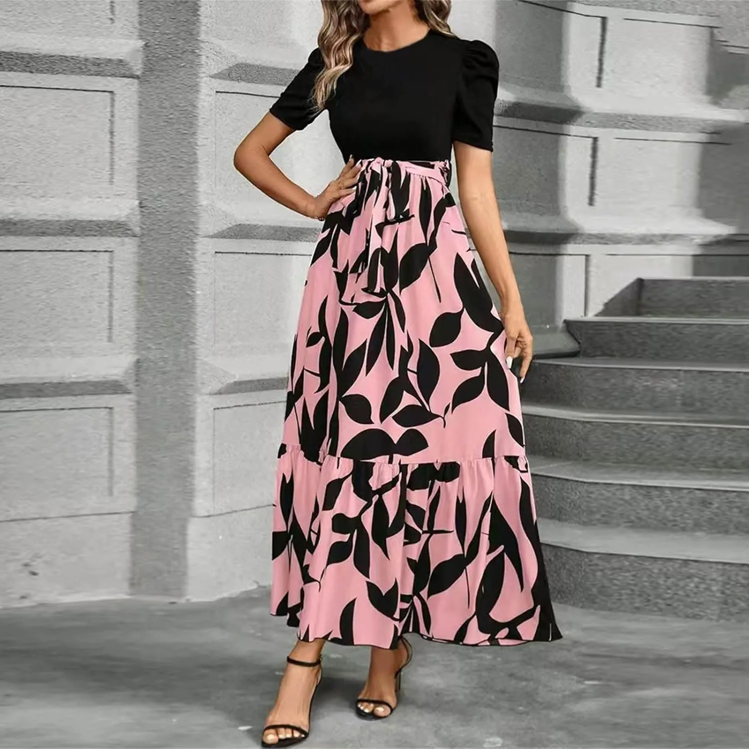 Long Summer Dresses for Women 2025 Cute Puff Sleeve Spring Floral Dresses Patchwork a Line Boho Maxi Dress with Belt