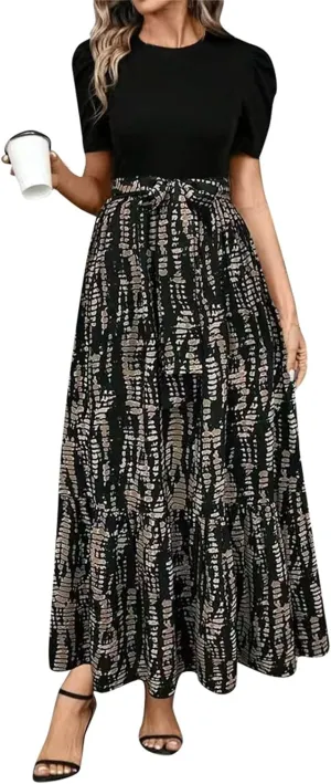 Long Summer Dresses for Women 2025 Cute Puff Sleeve Spring Floral Dresses Patchwork a Line Boho Maxi Dress with Belt