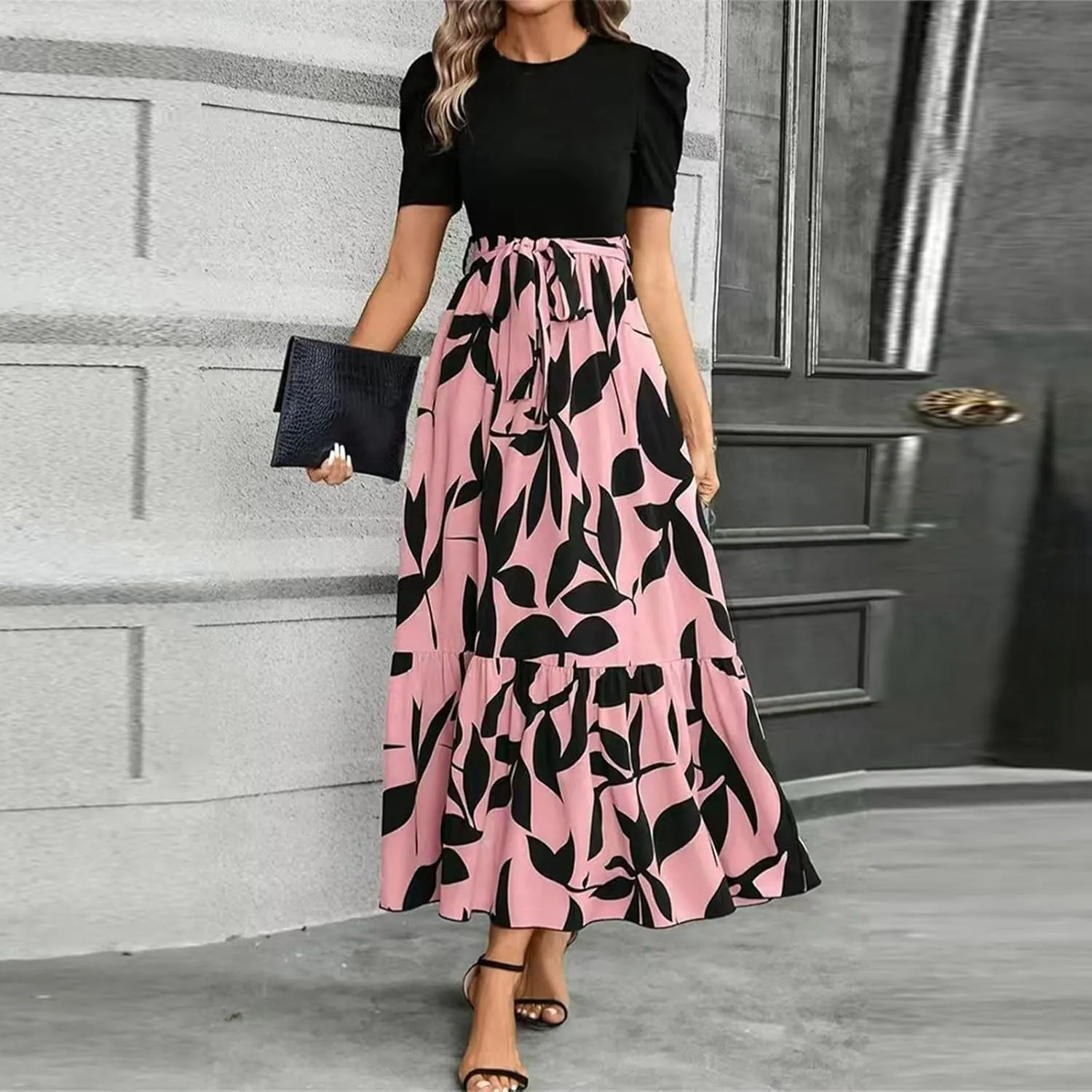 Long Summer Dresses for Women 2025 Cute Puff Sleeve Spring Floral Dresses Patchwork a Line Boho Maxi Dress with Belt