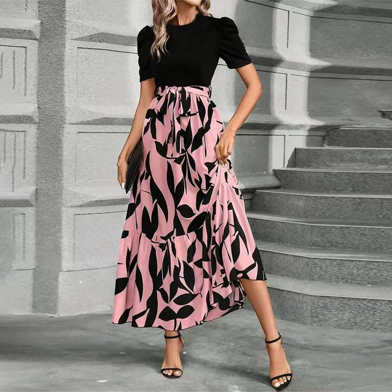 Long Summer Dresses for Women 2025 Cute Puff Sleeve Spring Floral Dresses Patchwork a Line Boho Maxi Dress with Belt