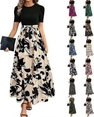 Long Summer Dresses for Women 2025 Cute Puff Sleeve Spring Floral Dresses Patchwork a Line Boho Maxi Dress with Belt