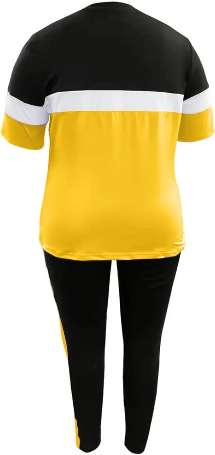 LovelyWholesale Plus Size 2 Piece Outfits for Women Color Block Tracksuit Short Sleeve Top and Pants Set