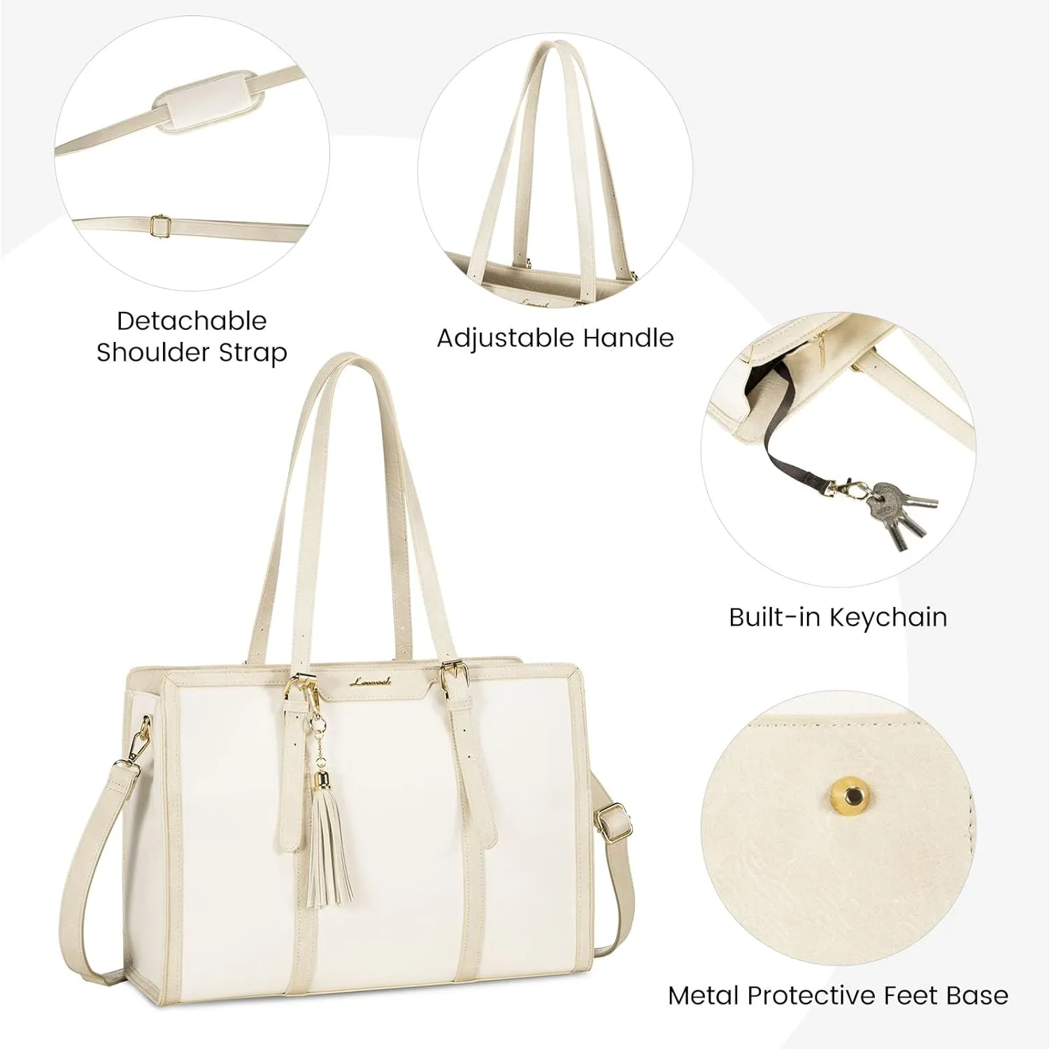 LOVEVOOK Laptop Bag for Women 15.6 inch Lightweight Canvas Laptop Tote Bag, Large Capacity Computer bag with Clutch Purse for Business, Work, Office, Travel, SchoolPearl White & Beige15.6 Inch