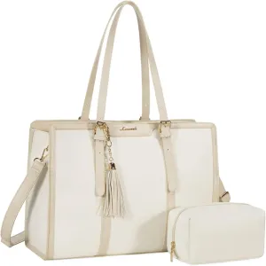 LOVEVOOK Laptop Bag for Women 15.6 inch Lightweight Canvas Laptop Tote Bag, Large Capacity Computer bag with Clutch Purse for Business, Work, Office, Travel, SchoolPearl White & Beige15.6 Inch