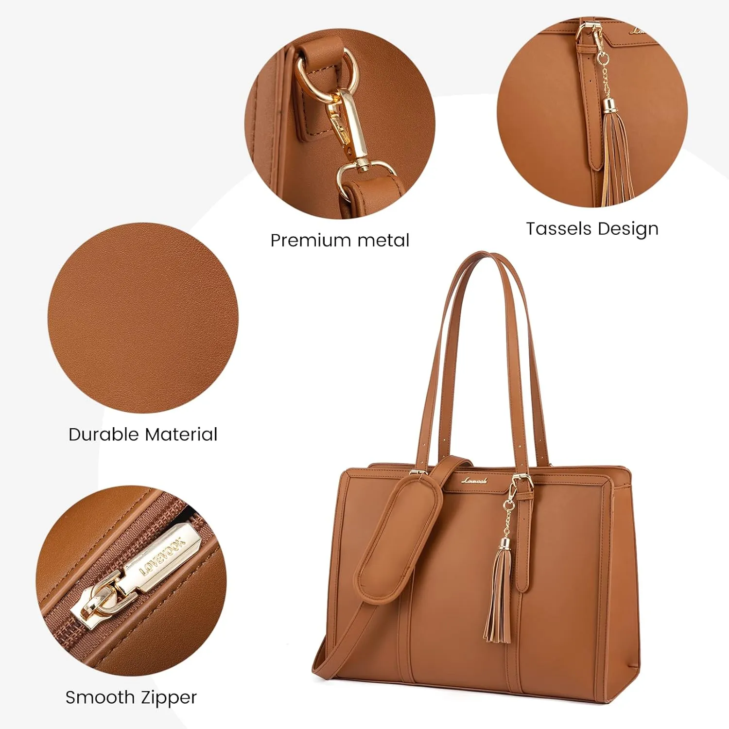 LOVEVOOK Laptop Bag for Women 15.6 inch Lightweight PU Laptop Tote, Large Capacity Computer Bag with Clutch Purse for Business, Work, Office, Travel, School, Casual (Brown & Leather)