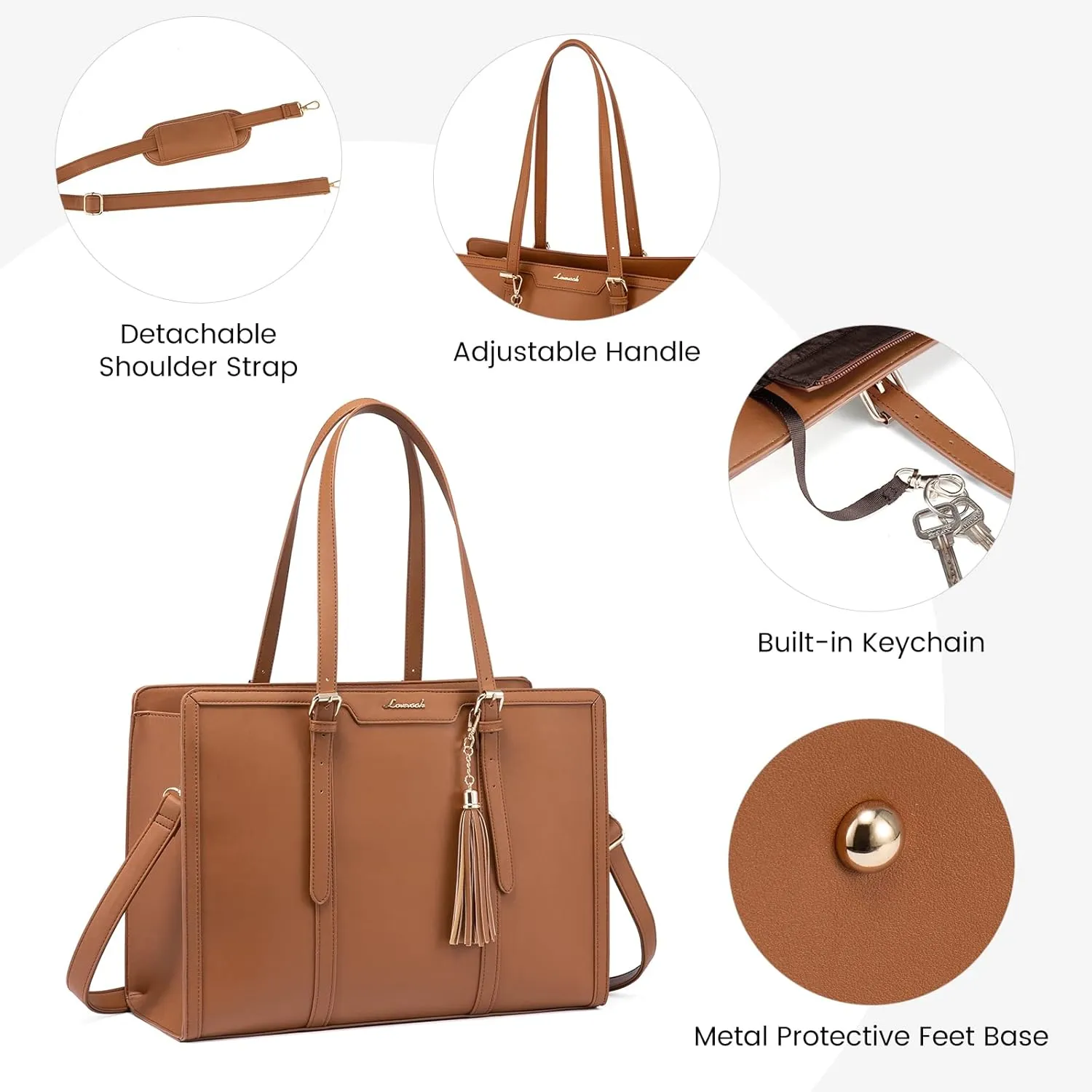 LOVEVOOK Laptop Bag for Women 15.6 inch Lightweight PU Laptop Tote, Large Capacity Computer Bag with Clutch Purse for Business, Work, Office, Travel, School, Casual (Brown & Leather)