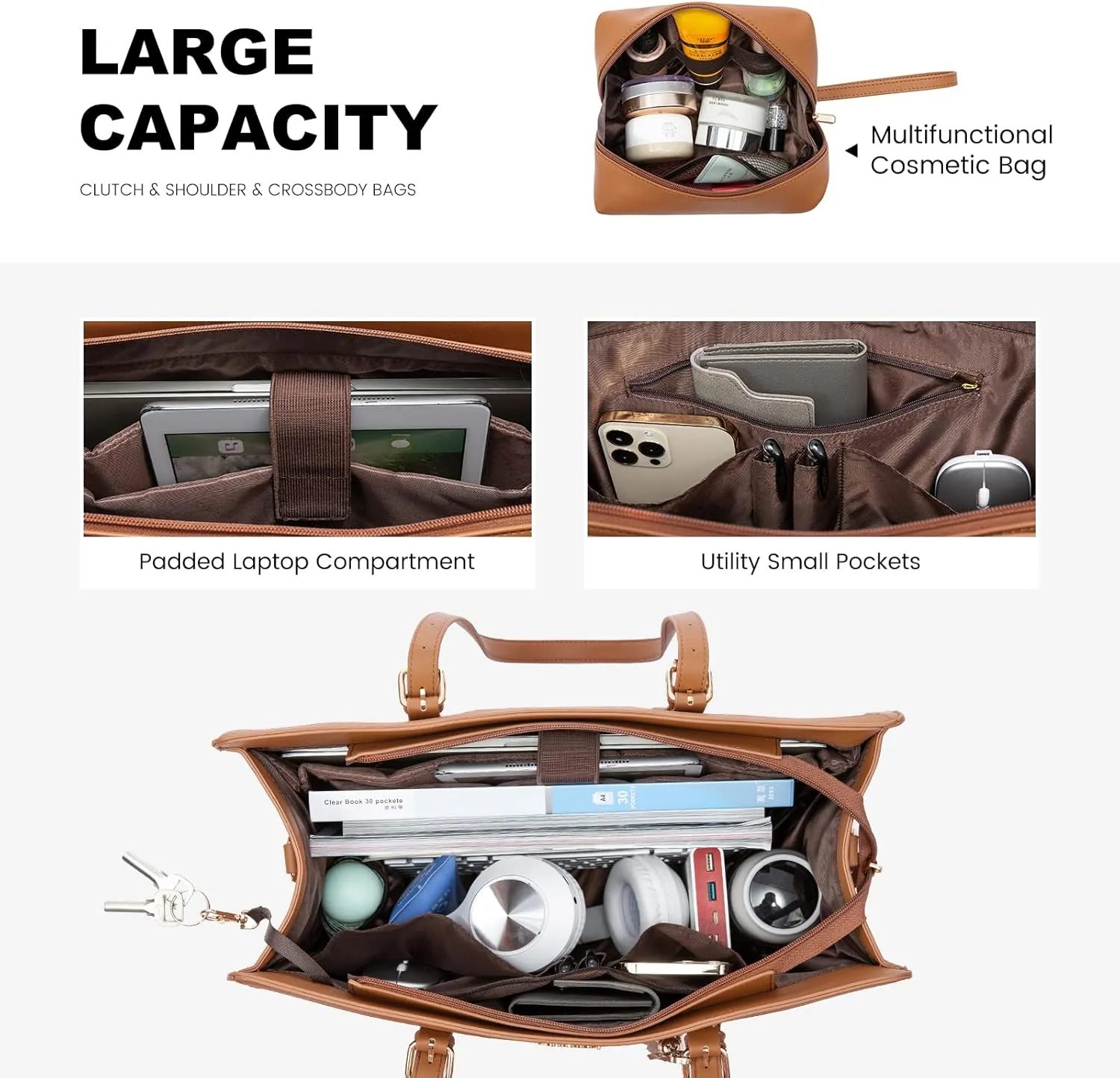 LOVEVOOK Laptop Bag for Women 15.6 inch Lightweight PU Laptop Tote, Large Capacity Computer Bag with Clutch Purse for Business, Work, Office, Travel, School, Casual (Brown & Leather)