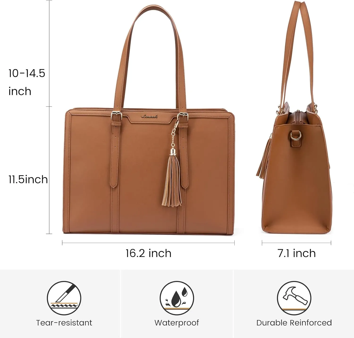 LOVEVOOK Laptop Bag for Women 15.6 inch Lightweight PU Laptop Tote, Large Capacity Computer Bag with Clutch Purse for Business, Work, Office, Travel, School, Casual (Brown & Leather)