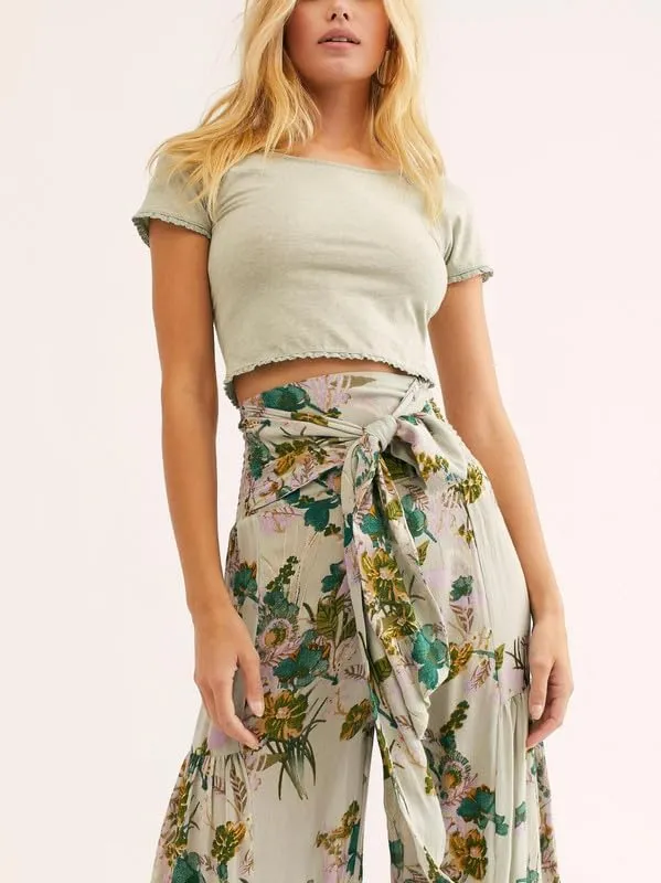 Lrady Women Wide Leg Palazzo Lounge Pants Printed Beach Summer Boho Tie-Waist Bell Bottoms Trousers