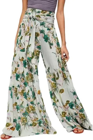 Lrady Women Wide Leg Palazzo Lounge Pants Printed Beach Summer Boho Tie-Waist Bell Bottoms Trousers