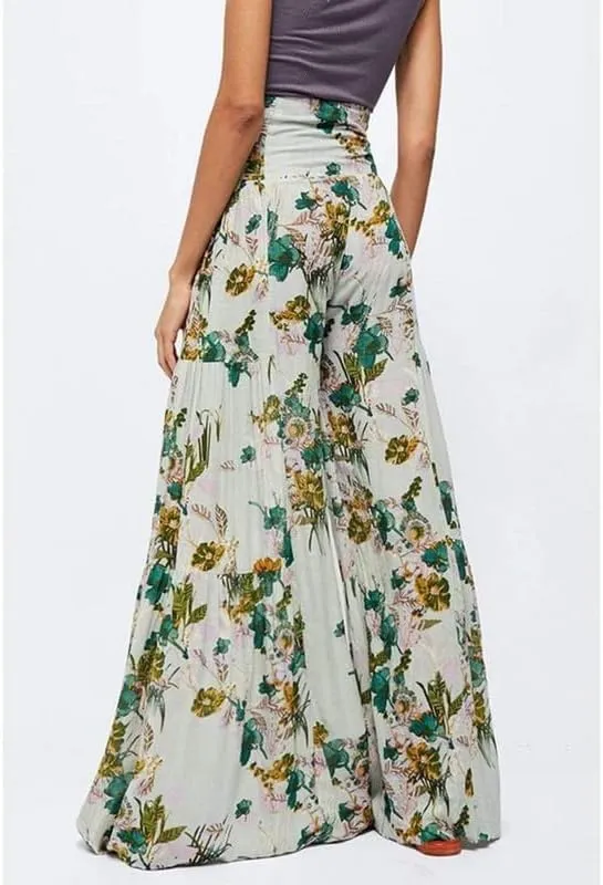 Lrady Women Wide Leg Palazzo Lounge Pants Printed Beach Summer Boho Tie-Waist Bell Bottoms Trousers