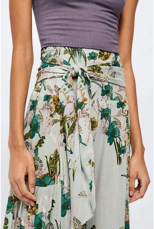Lrady Women Wide Leg Palazzo Lounge Pants Printed Beach Summer Boho Tie-Waist Bell Bottoms Trousers
