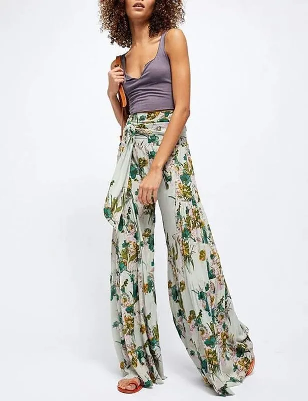 Lrady Women Wide Leg Palazzo Lounge Pants Printed Beach Summer Boho Tie-Waist Bell Bottoms Trousers