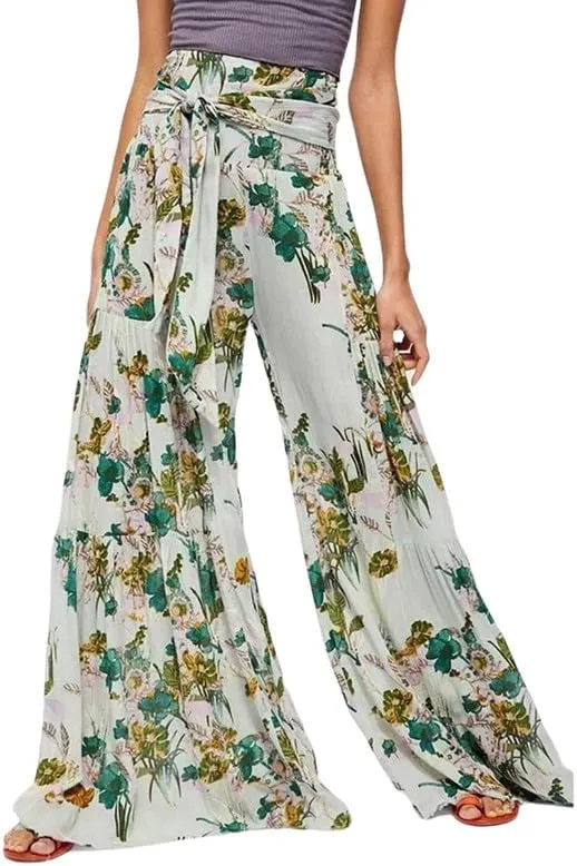 Lrady Women Wide Leg Palazzo Lounge Pants Printed Beach Summer Boho Tie-Waist Bell Bottoms Trousers