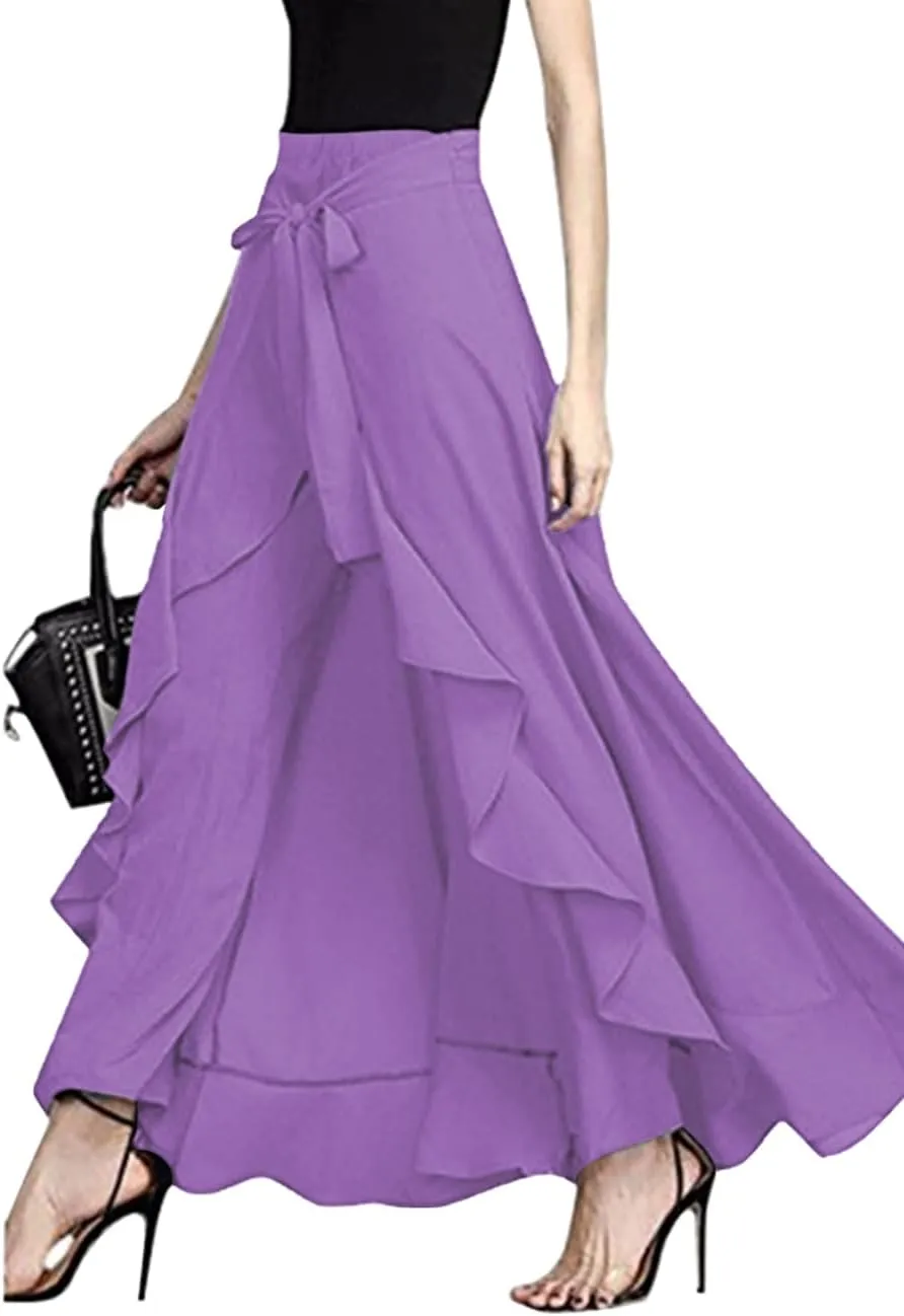 Lrady Women's Ruffle Pants High Waist Trousers Casual Beach Maxi Long Palazzo Overlay Pant Skirts