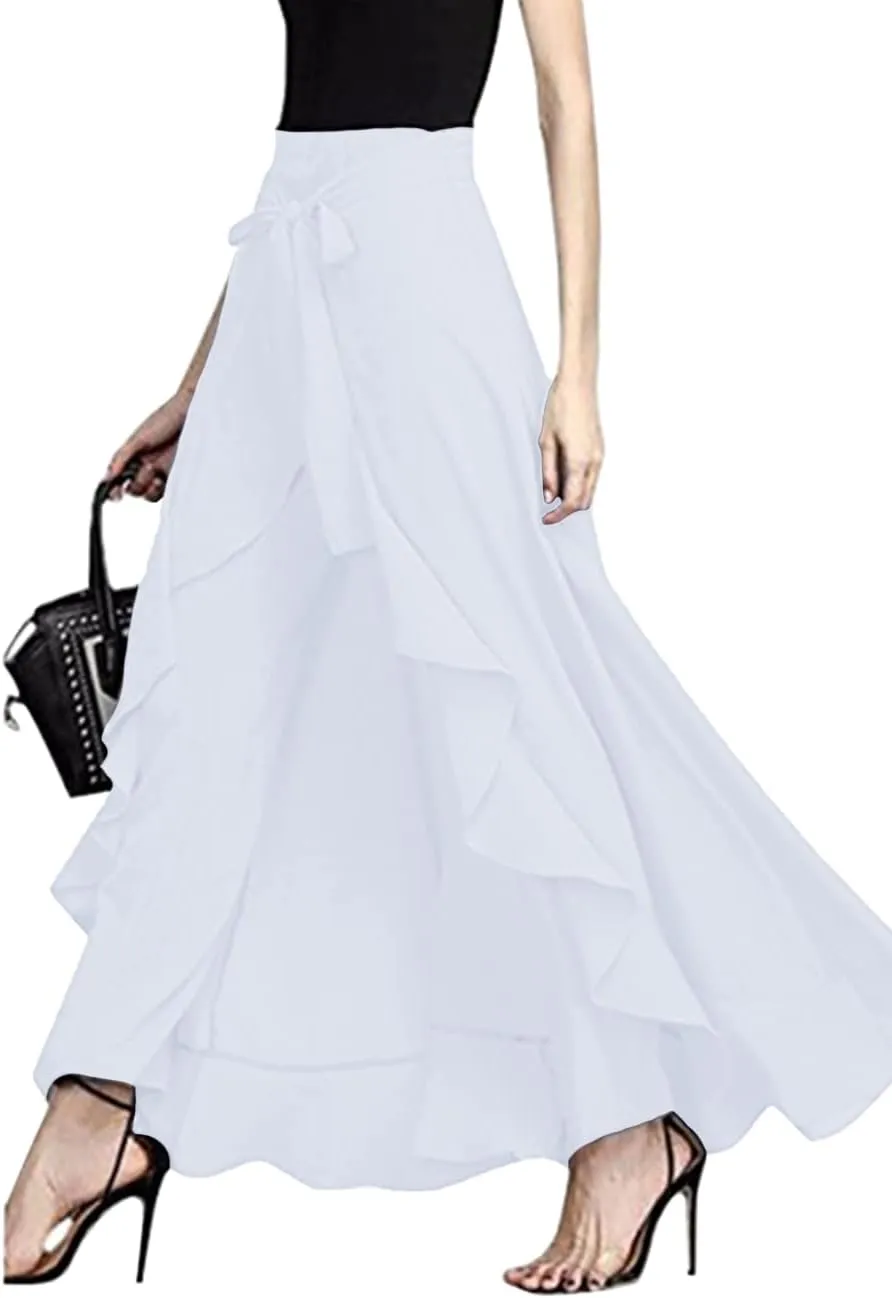 Lrady Women's Ruffle Pants High Waist Trousers Casual Beach Maxi Long Palazzo Overlay Pant Skirts