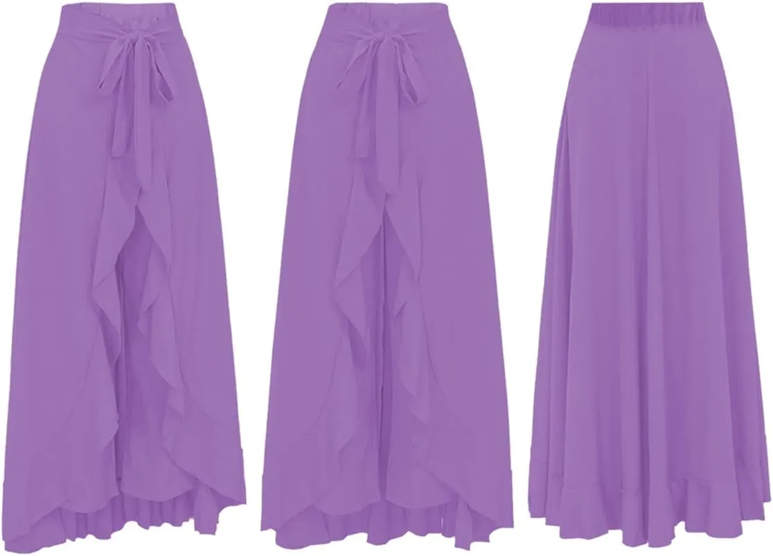 Lrady Women's Ruffle Pants High Waist Trousers Casual Beach Maxi Long Palazzo Overlay Pant Skirts