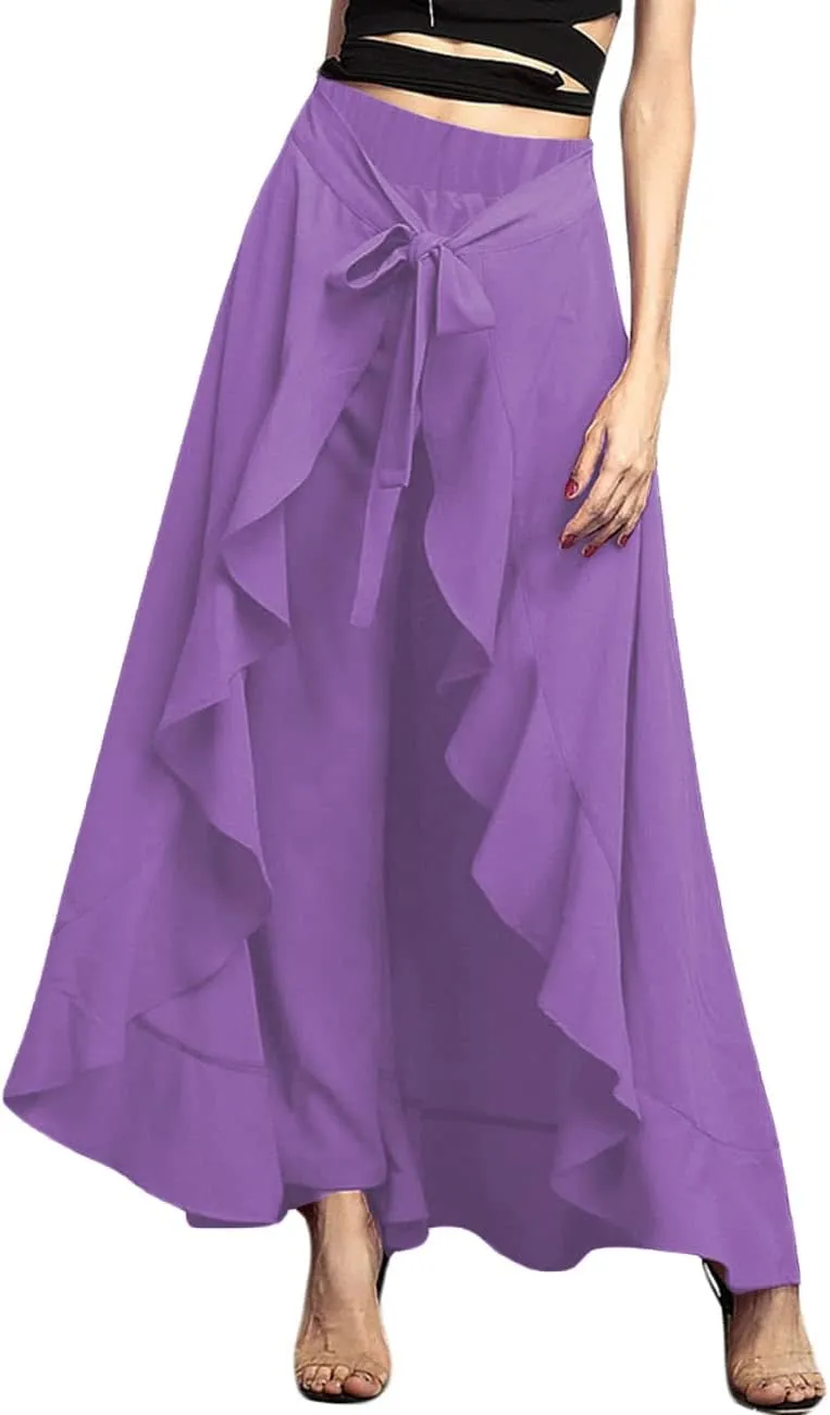 Lrady Women's Ruffle Pants High Waist Trousers Casual Beach Maxi Long Palazzo Overlay Pant Skirts