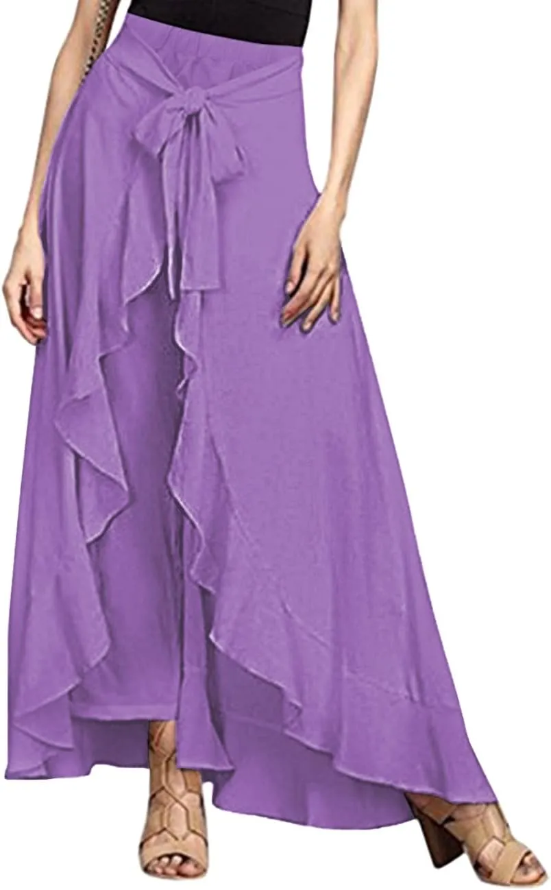Lrady Women's Ruffle Pants High Waist Trousers Casual Beach Maxi Long Palazzo Overlay Pant Skirts