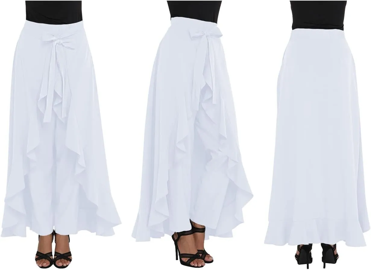 Lrady Women's Ruffle Pants High Waist Trousers Casual Beach Maxi Long Palazzo Overlay Pant Skirts
