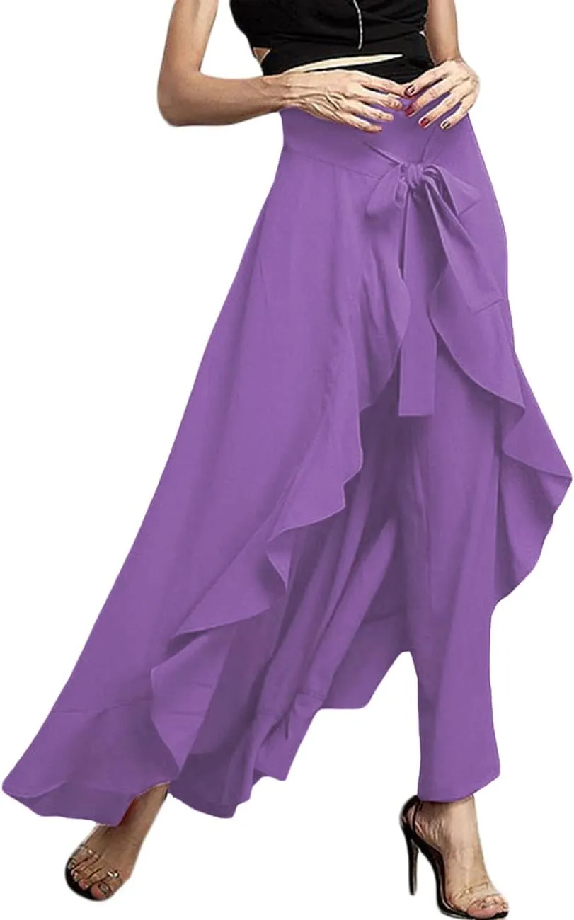 Lrady Women's Ruffle Pants High Waist Trousers Casual Beach Maxi Long Palazzo Overlay Pant Skirts