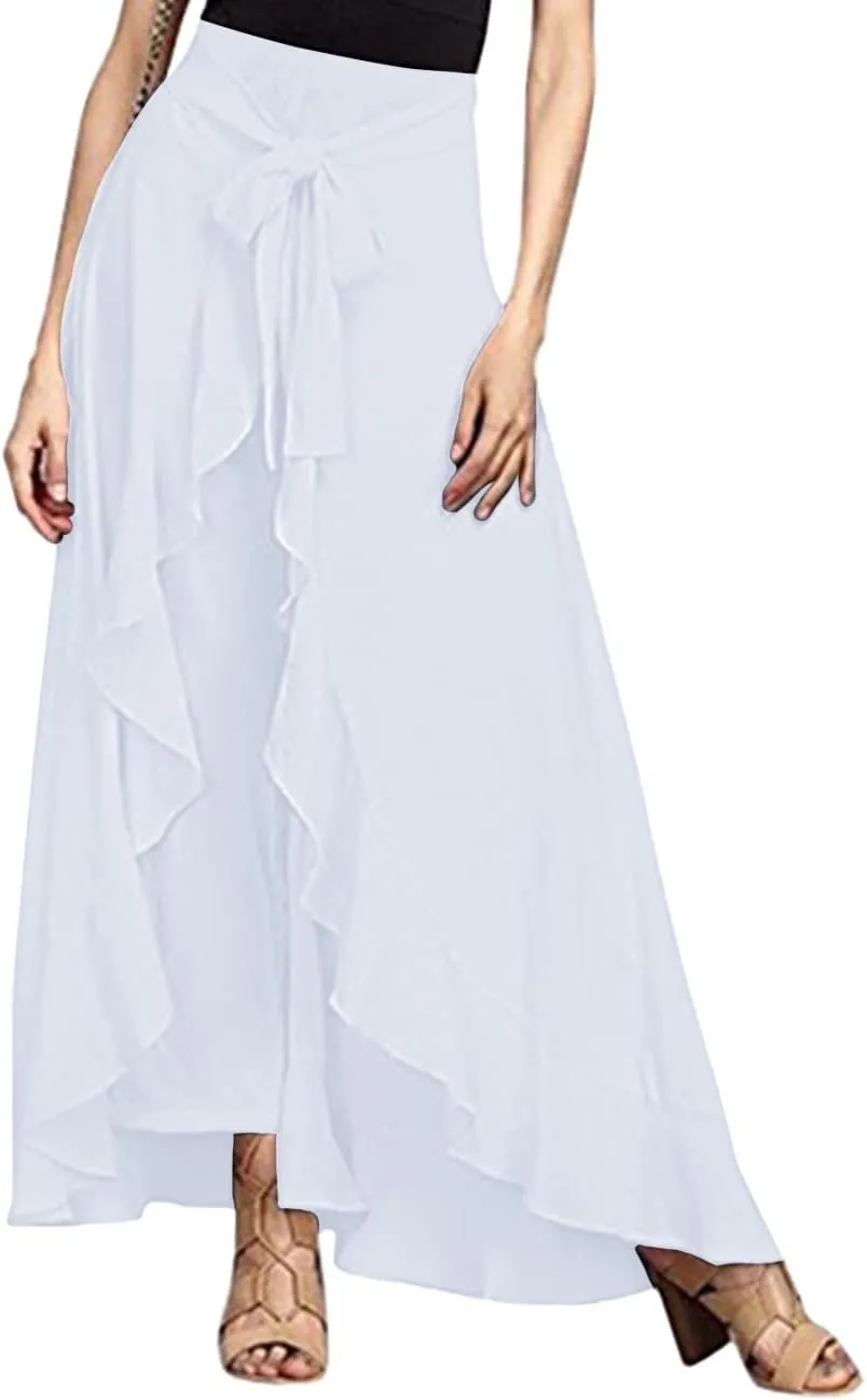 Lrady Women's Ruffle Pants High Waist Trousers Casual Beach Maxi Long Palazzo Overlay Pant Skirts