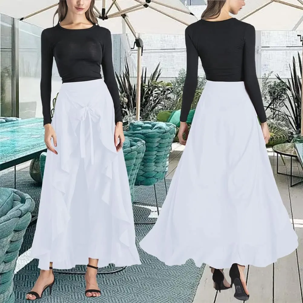 Lrady Women's Ruffle Pants High Waist Trousers Casual Beach Maxi Long Palazzo Overlay Pant Skirts