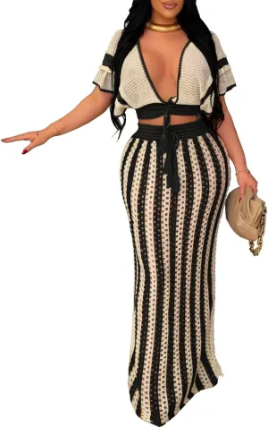 Lucuna Women's Two Piece Skirt Set Crochet Knit V Neck Dress Beach Cover Up Crop Top Maxi Skirt Set Y2K Vacation Outfits