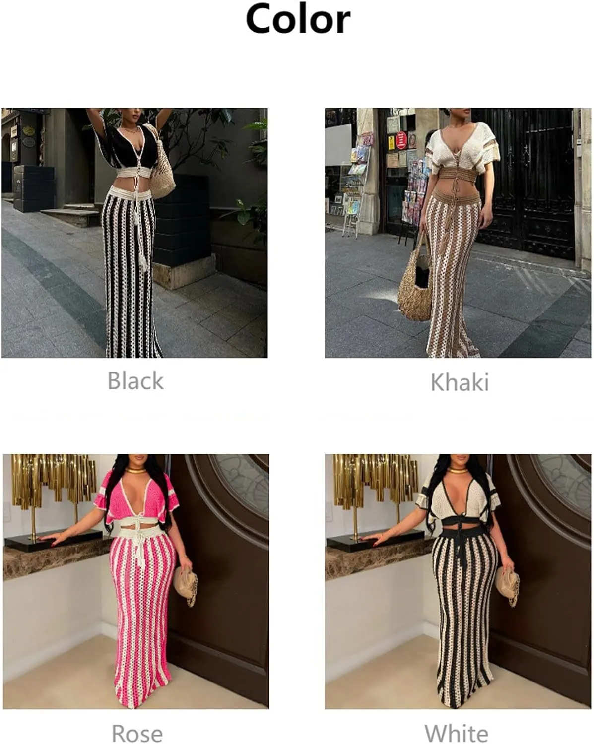 Lucuna Women's Two Piece Skirt Set Crochet Knit V Neck Dress Beach Cover Up Crop Top Maxi Skirt Set Y2K Vacation Outfits