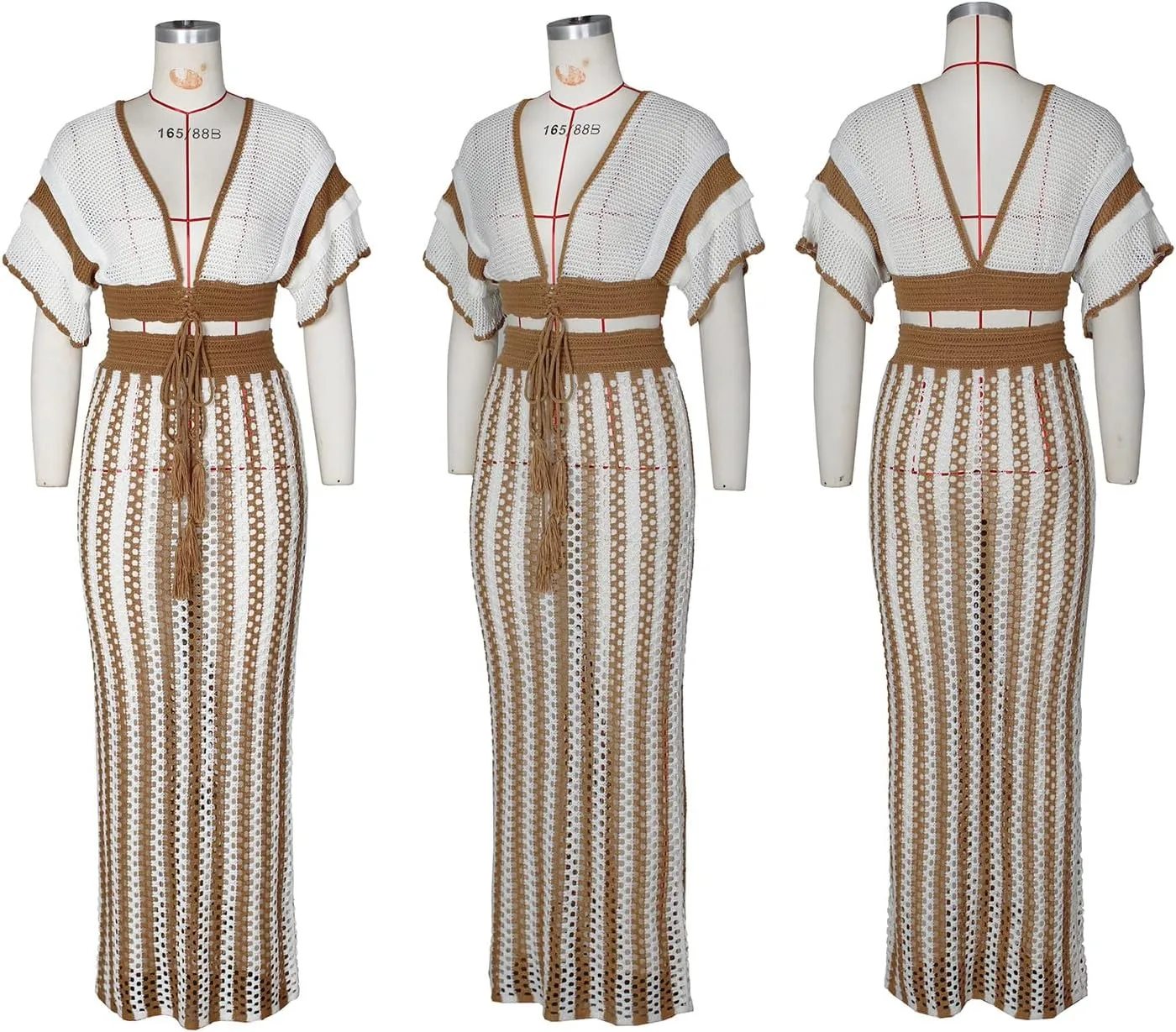 Lucuna Women's Two Piece Skirt Set Crochet Knit V Neck Dress Beach Cover Up Crop Top Maxi Skirt Set Y2K Vacation Outfits