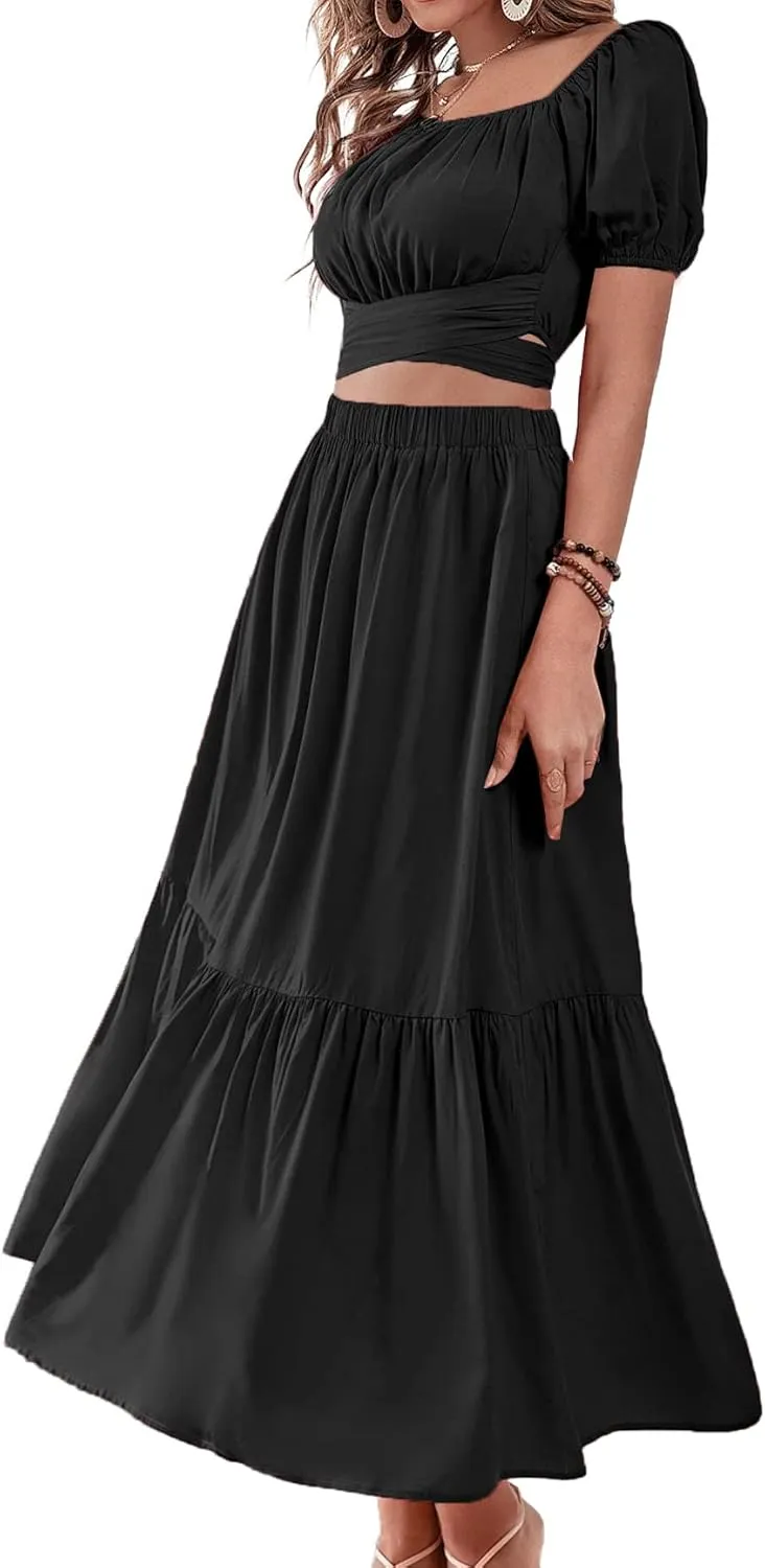 LYANER Women's 2 Pcs Outfits Wrap Tie Short Sleeve Crop Top Ruffle Maxi Skirt Set