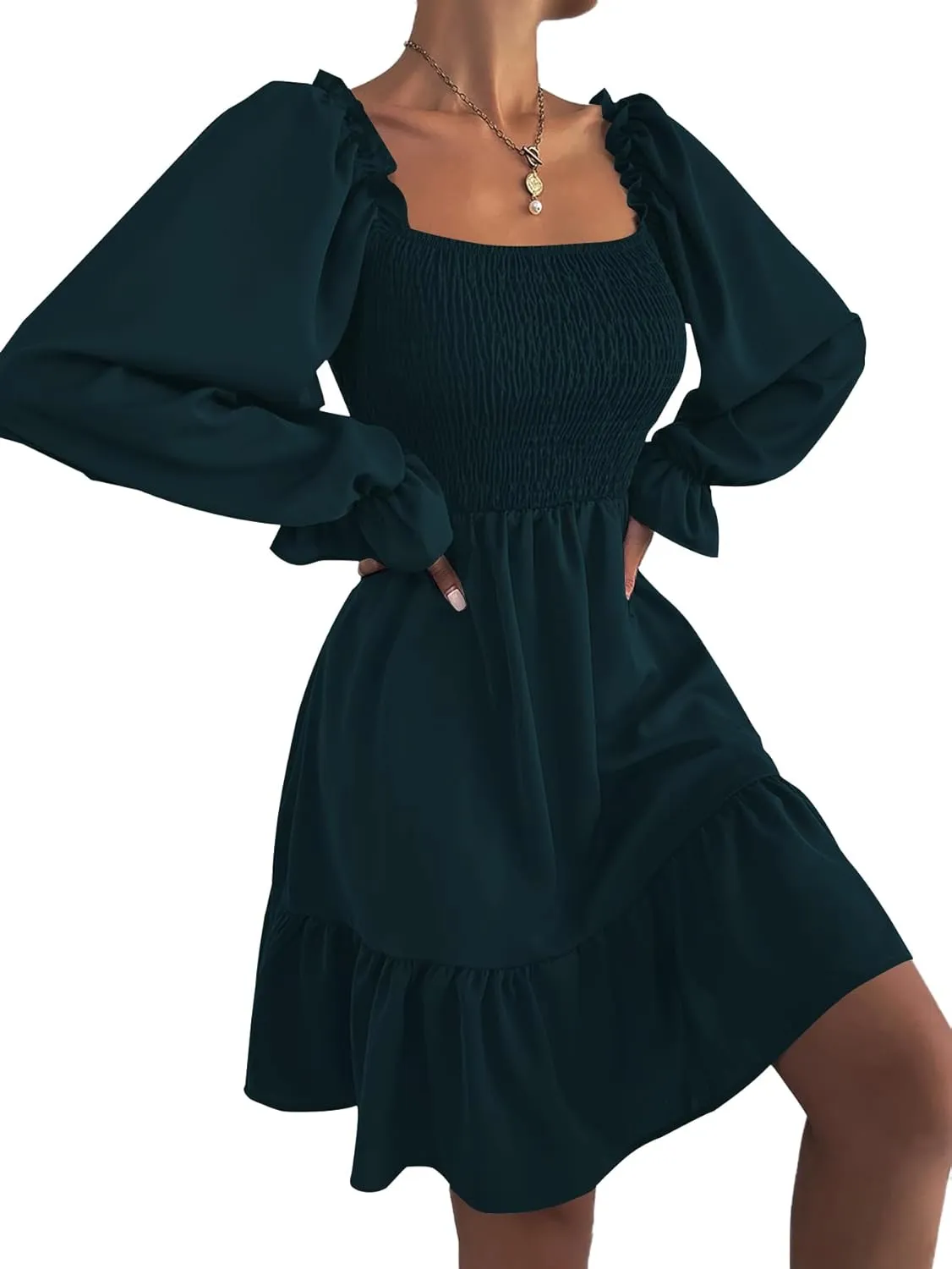 LYANER Women's Square Neck Lantern Long Sleeve Ruffle Shirred Flowy Party Mini Dress