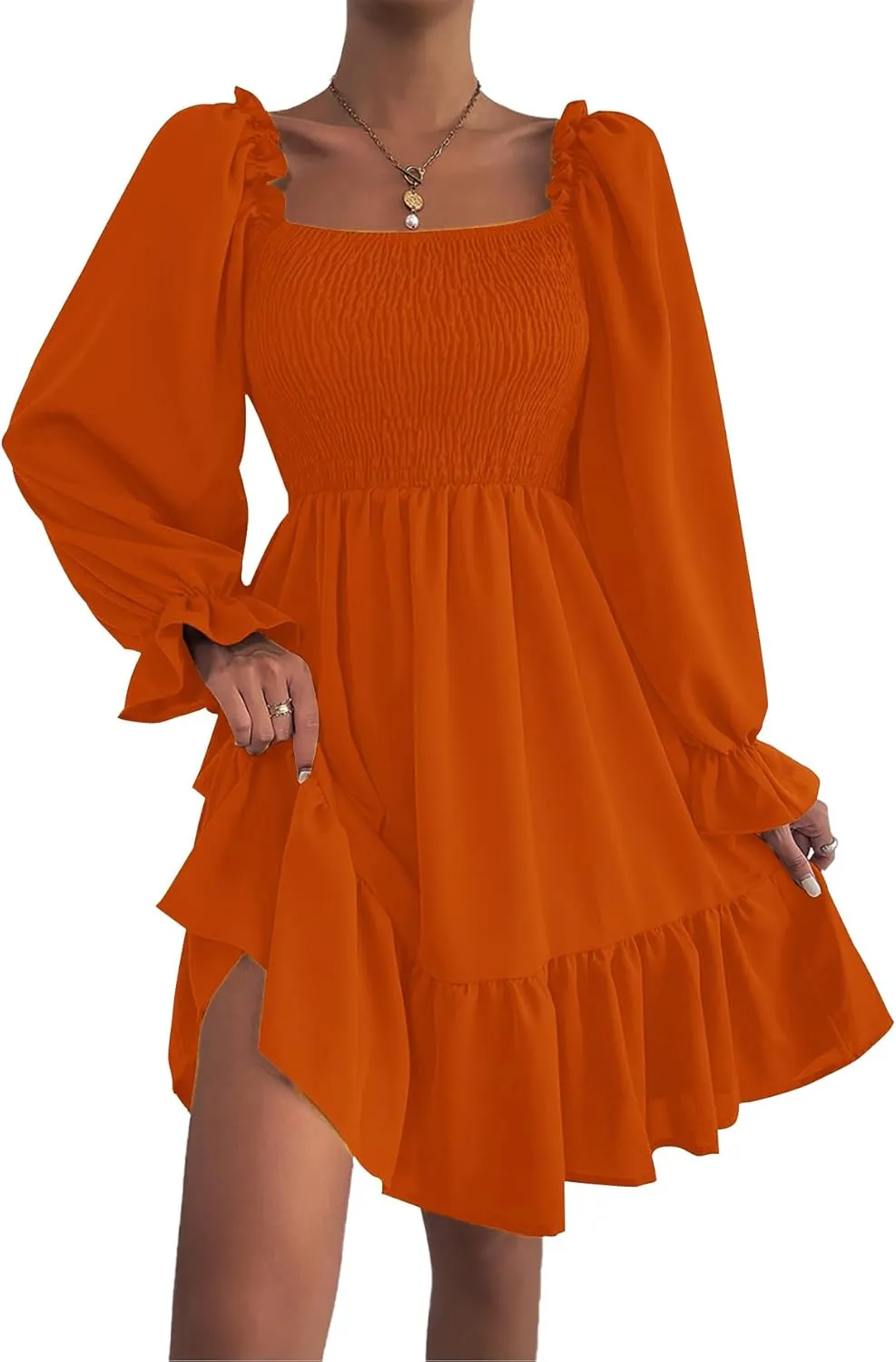 LYANER Women's Square Neck Lantern Long Sleeve Ruffle Shirred Flowy Party Mini Dress