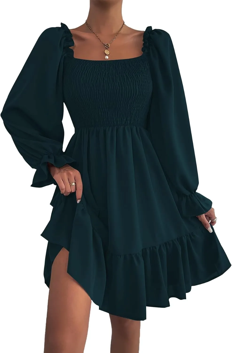 LYANER Women's Square Neck Lantern Long Sleeve Ruffle Shirred Flowy Party Mini Dress