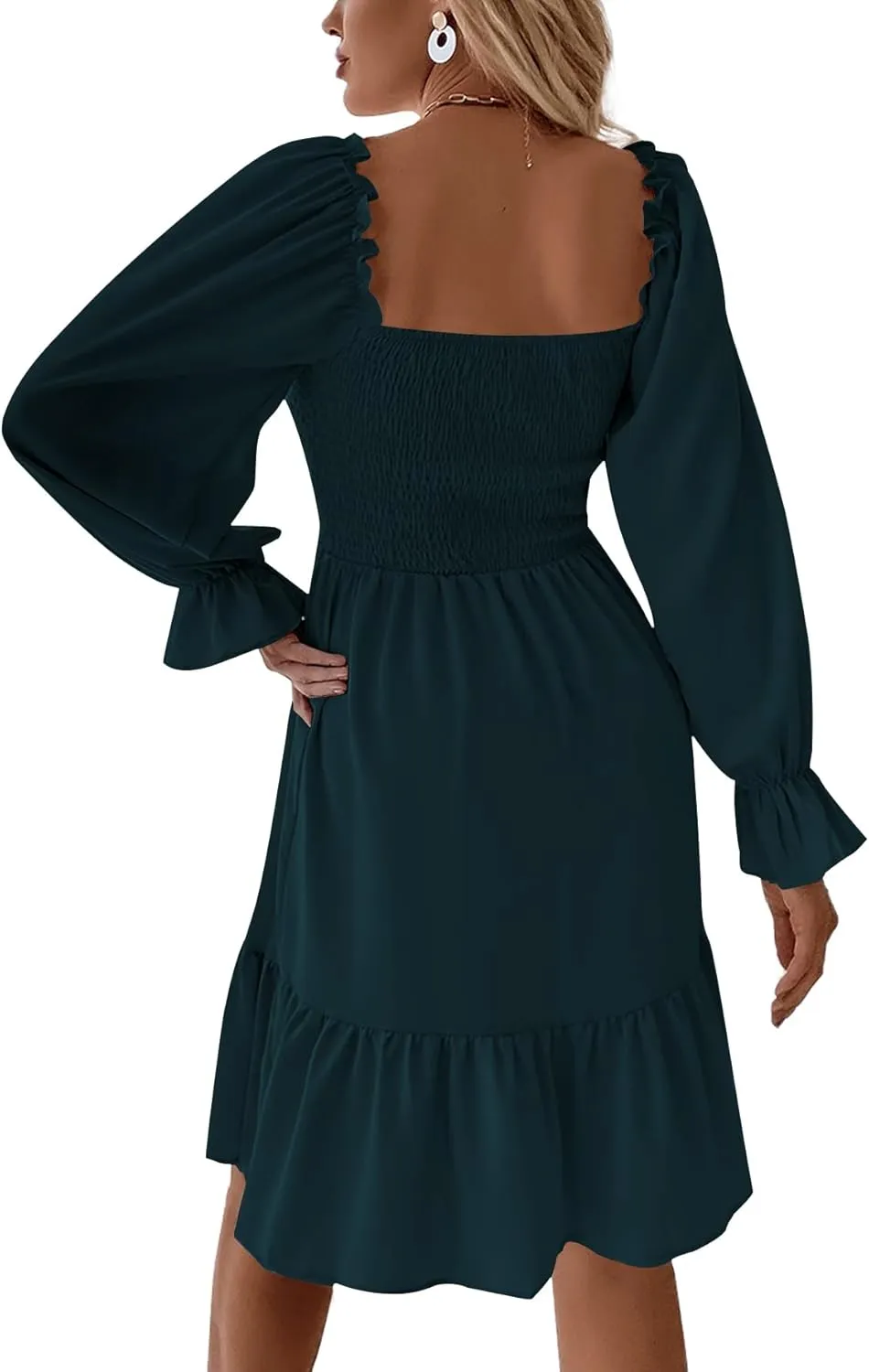 LYANER Women's Square Neck Lantern Long Sleeve Ruffle Shirred Flowy Party Mini Dress