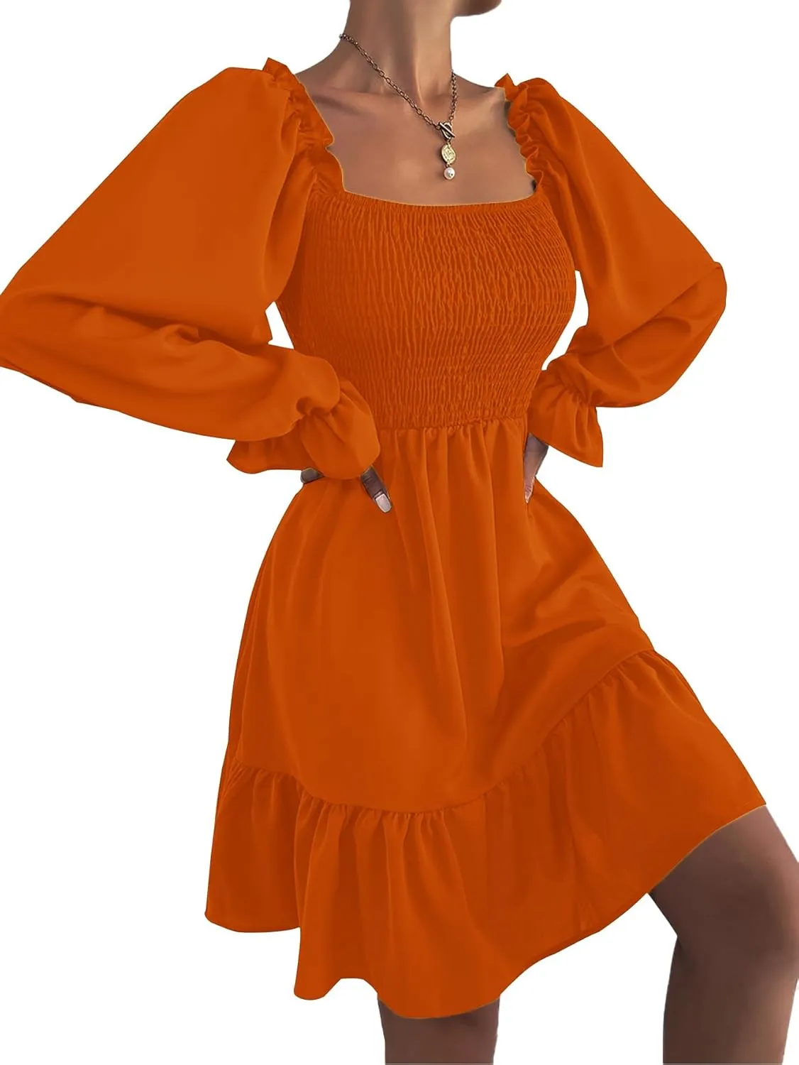 LYANER Women's Square Neck Lantern Long Sleeve Ruffle Shirred Flowy Party Mini Dress