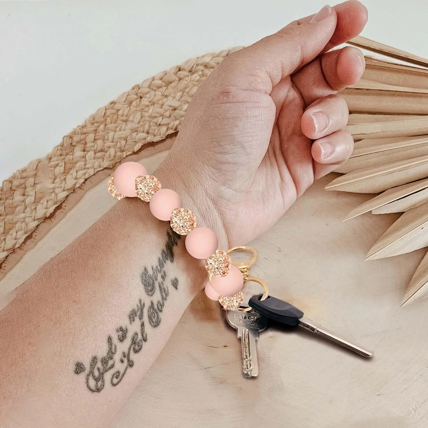 M-Plateau Wristlet Keychain, Silicone Beaded Wrist keychain with Key Ring for Women, Elastic Keychain Bracelet