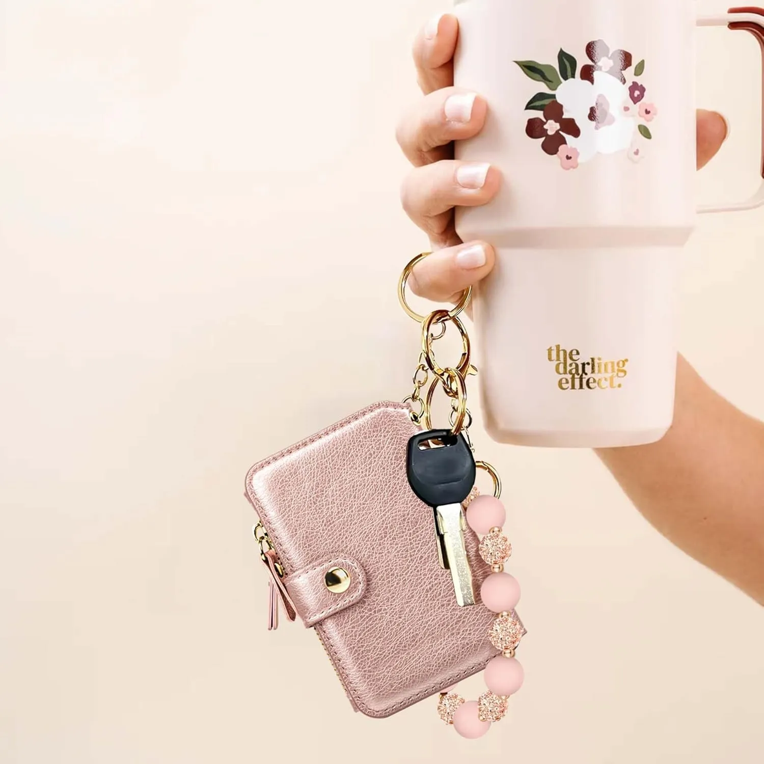 M-Plateau Wristlet Keychain, Silicone Beaded Wrist keychain with Key Ring for Women, Elastic Keychain Bracelet