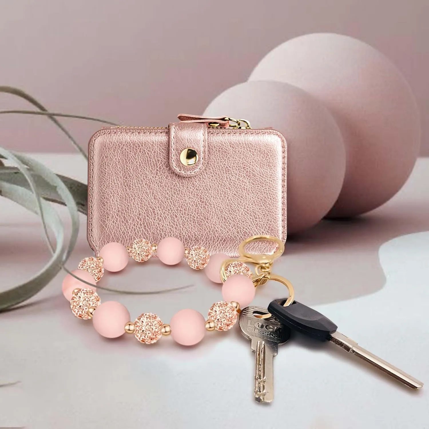 M-Plateau Wristlet Keychain, Silicone Beaded Wrist keychain with Key Ring for Women, Elastic Keychain Bracelet