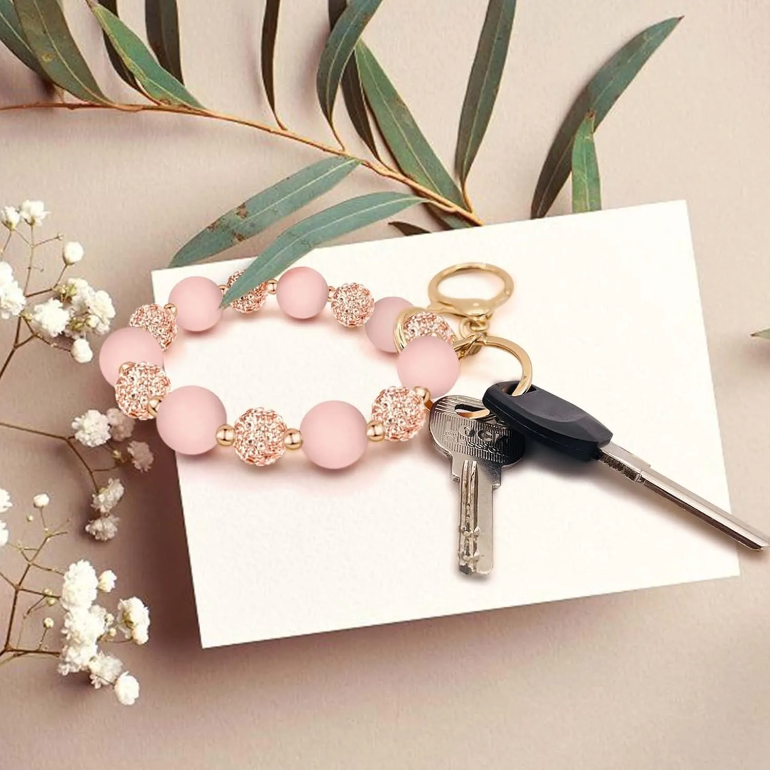 M-Plateau Wristlet Keychain, Silicone Beaded Wrist keychain with Key Ring for Women, Elastic Keychain Bracelet