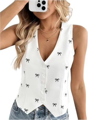 MakeMeChic Women's Bow V Neck Button Down Vest Sleeveless Waistcoat Jacket