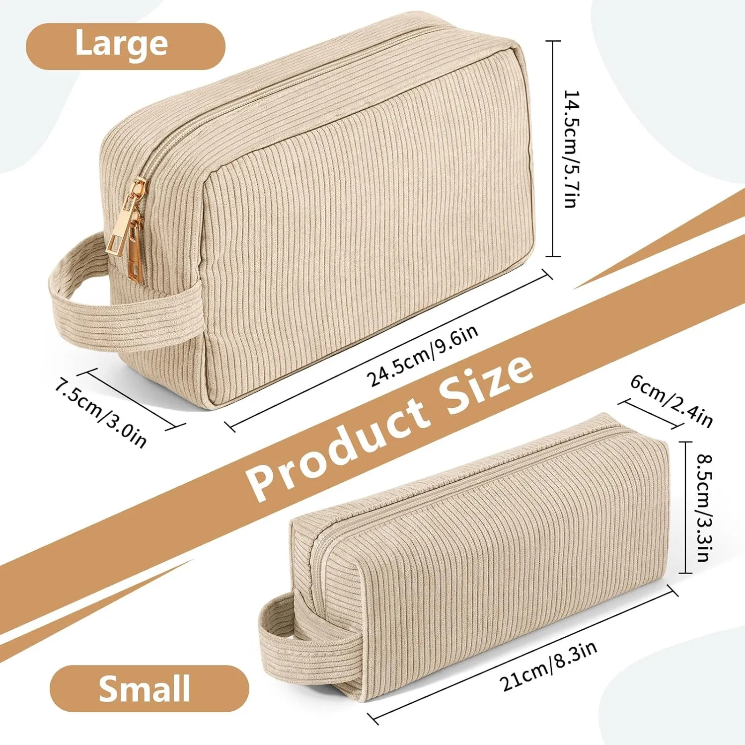 Makeup Bag 2 Pcs Corduroy Cosmetic Bag for Women Makeup Pouch Small Make Up Bag Large Travel Makeup Bag Cute Preppy Stuffs -Beige
